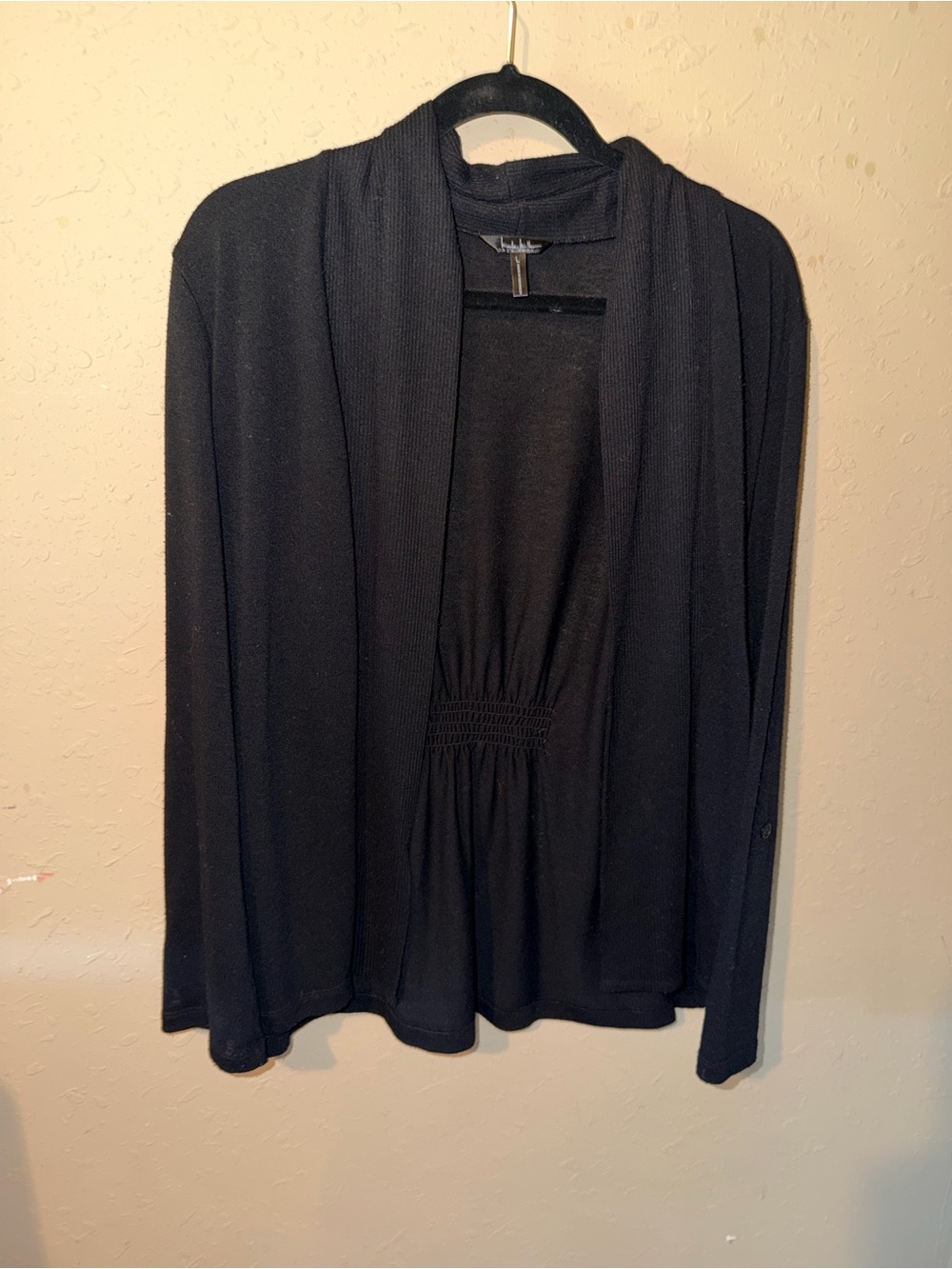 Nichole Miller NY Black Open Front Cardigan Smocked Back Roll-Tab Sleeve Large